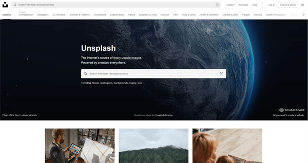 フリー画像サイト｢unsplash｣のトップページ