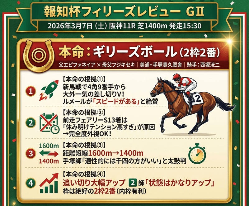 レース情報　報知杯フィリーズレビュー GⅡ / 2026年3月7日 阪神芝1400m
◎ 本命	ギリーズボール（2枠2番）父エピファネイア×母父フジキセキ
根拠4点①新馬戦の強内容 ②前走度外視 ③距離短縮適性 ④追い切り大幅アップ